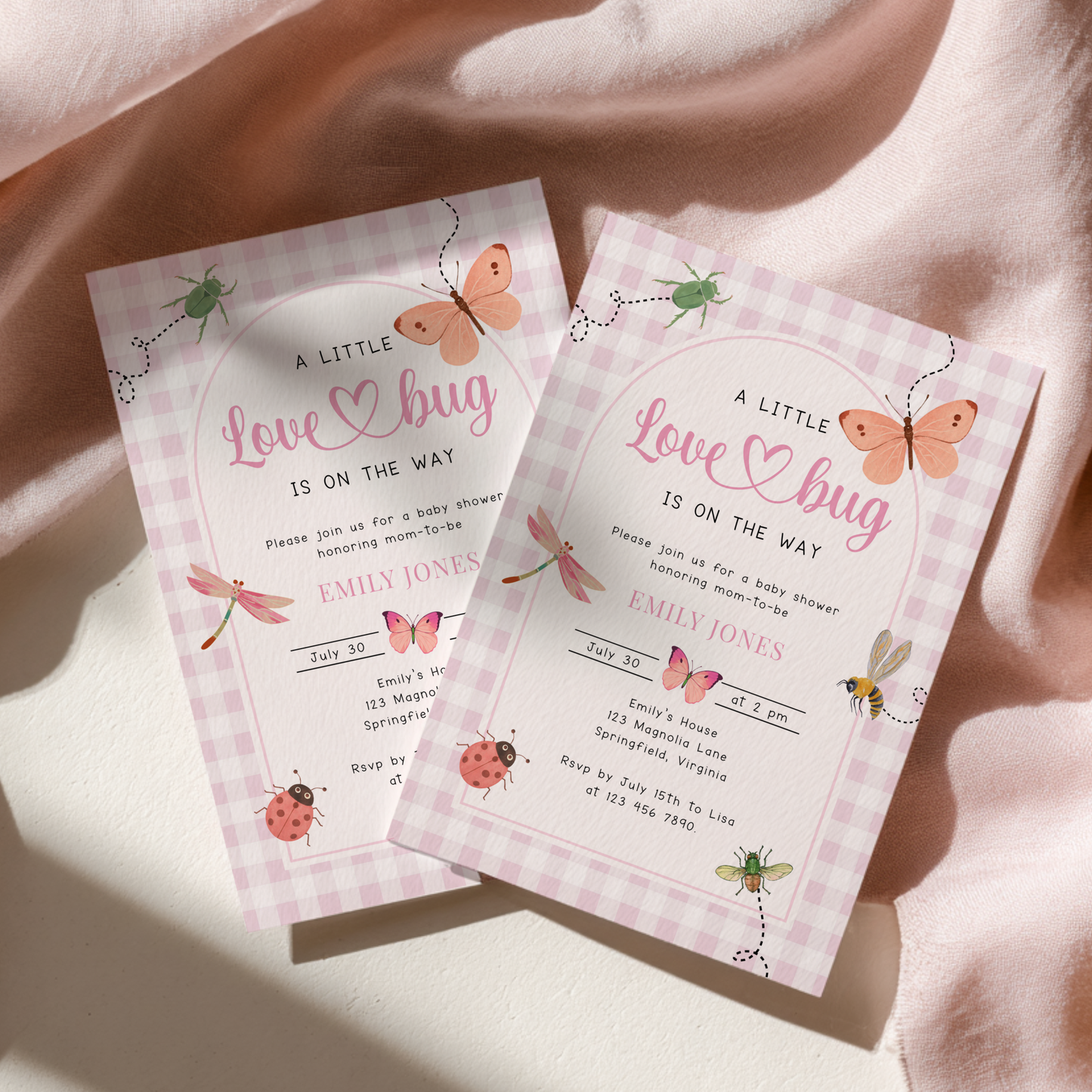 Pink Gingham Love Bug Baby Shower Invitation BS277