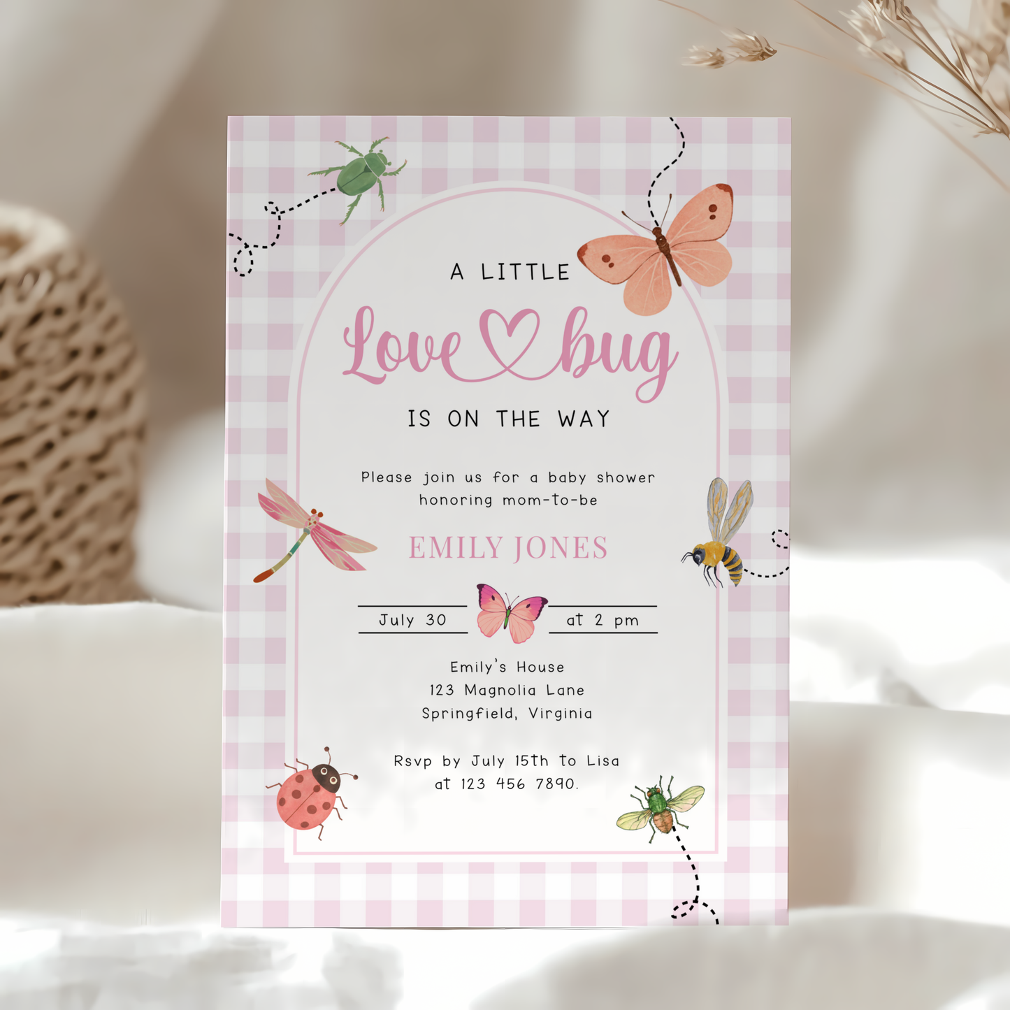 Pink Gingham Love Bug Baby Shower Invitation BS277