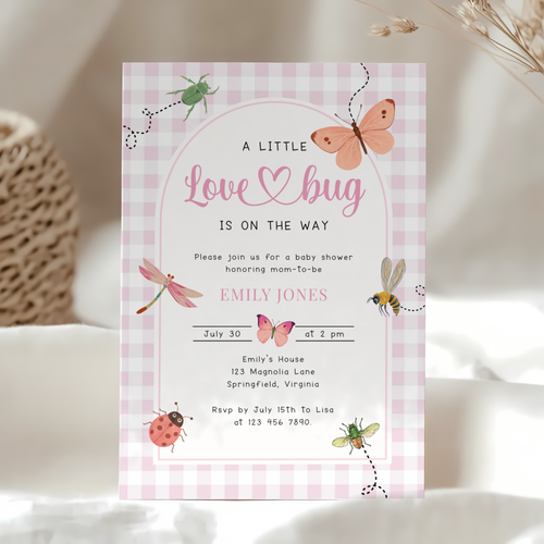 Pink Gingham Love Bug Baby Shower Invitation BS277