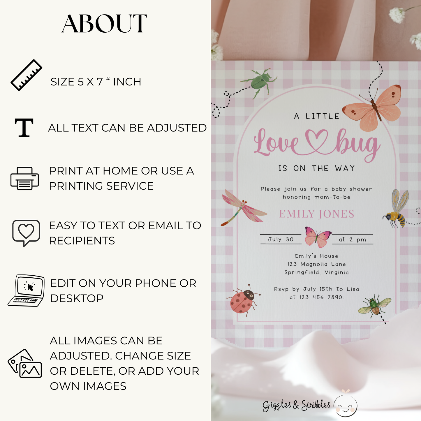 Pink Gingham Love Bug Baby Shower Invitation BS277