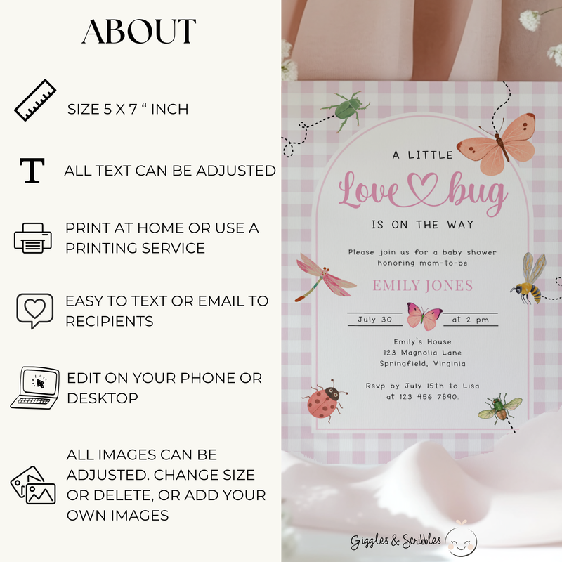 Pink Gingham Love Bug Baby Shower Invitation BS277
