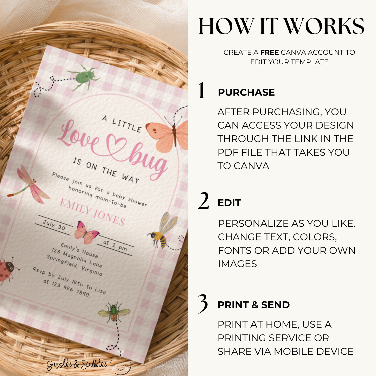 Pink Gingham Love Bug Baby Shower Invitation BS277