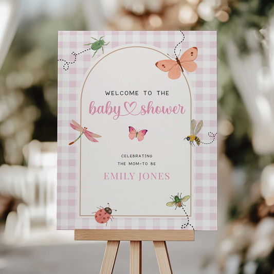 Pink Gingham Love Bug Baby Shower Welcome Sign BS277