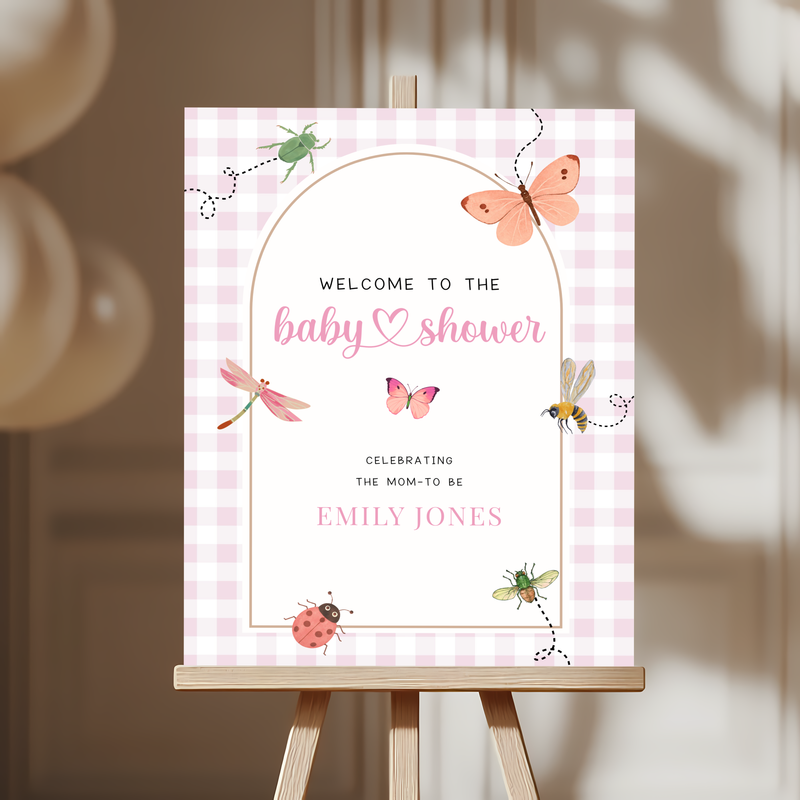 Pink Gingham Love Bug Baby Shower Welcome Sign BS277