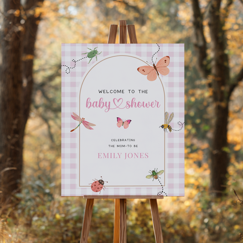 Pink Gingham Love Bug Baby Shower Welcome Sign BS277