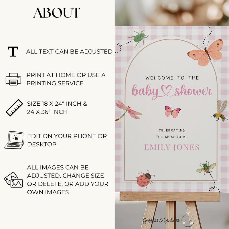 Pink Gingham Love Bug Baby Shower Welcome Sign BS277