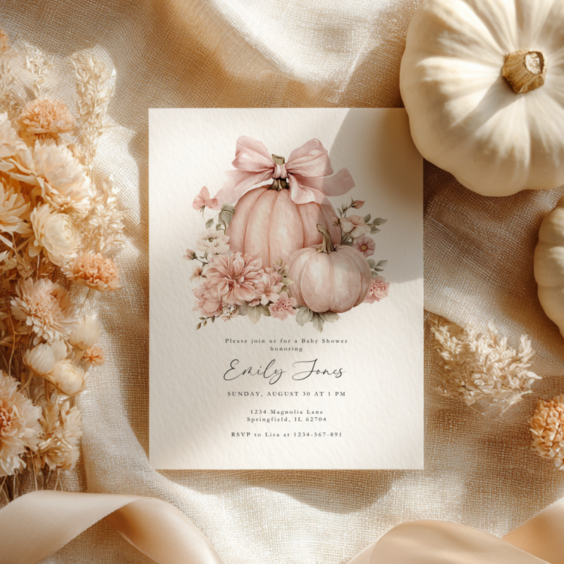 Baby Shower Invitation - Pink Bow Little Pumpkin BS233
