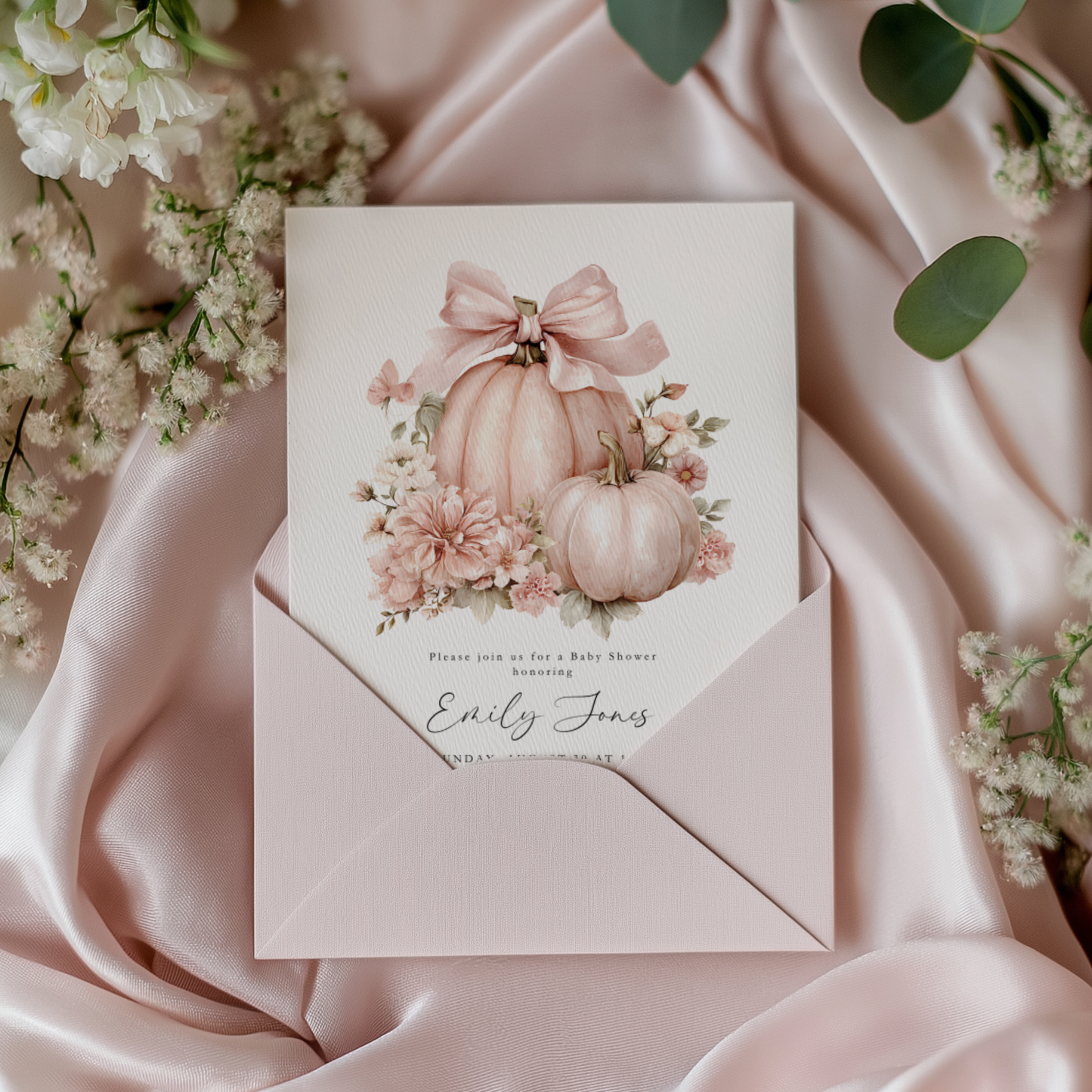 Baby Shower Invitation Bundle - Floral Pink Bow Pumpkin Coquette BS233