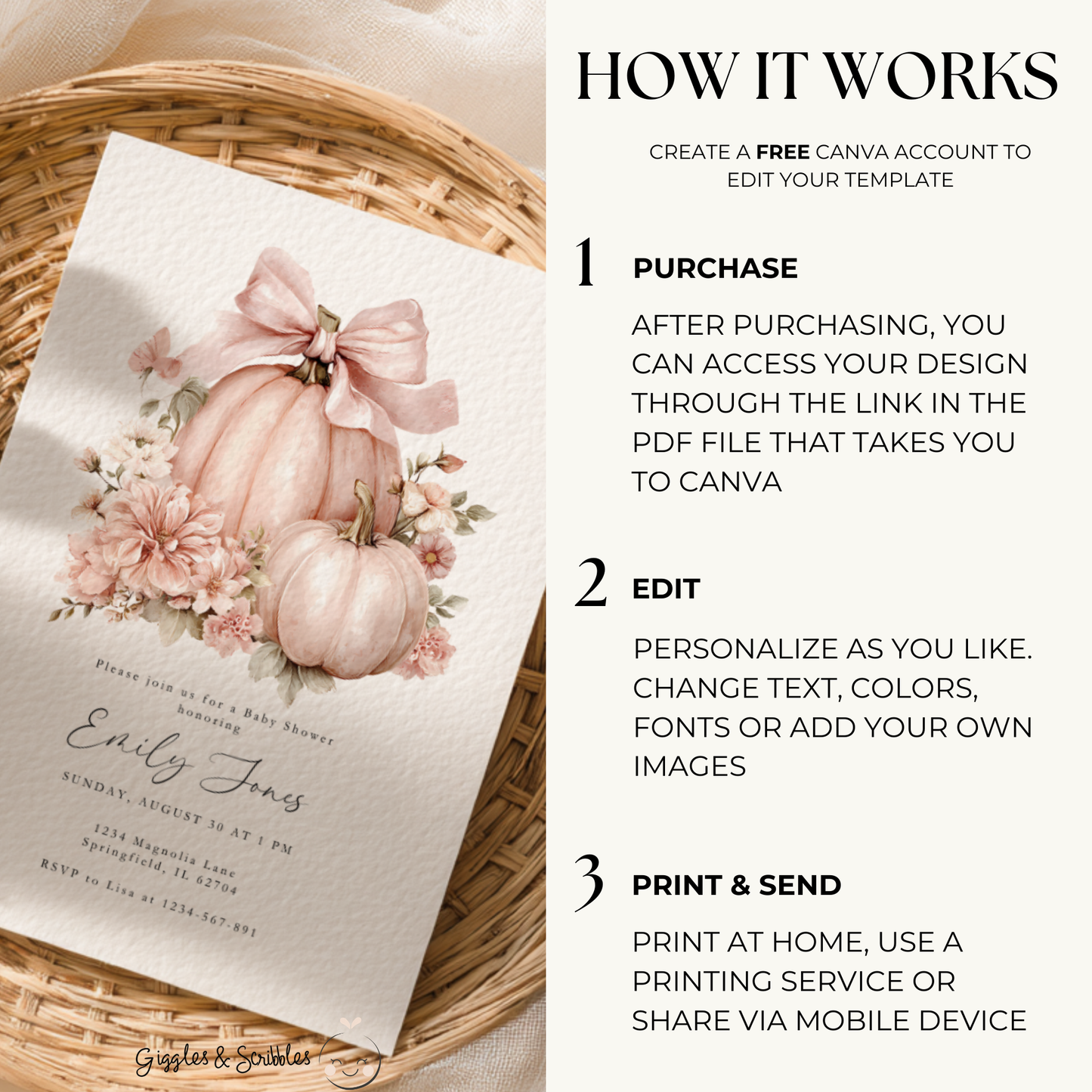 Baby Shower Invitation Bundle - Floral Pink Bow Pumpkin Coquette BS233