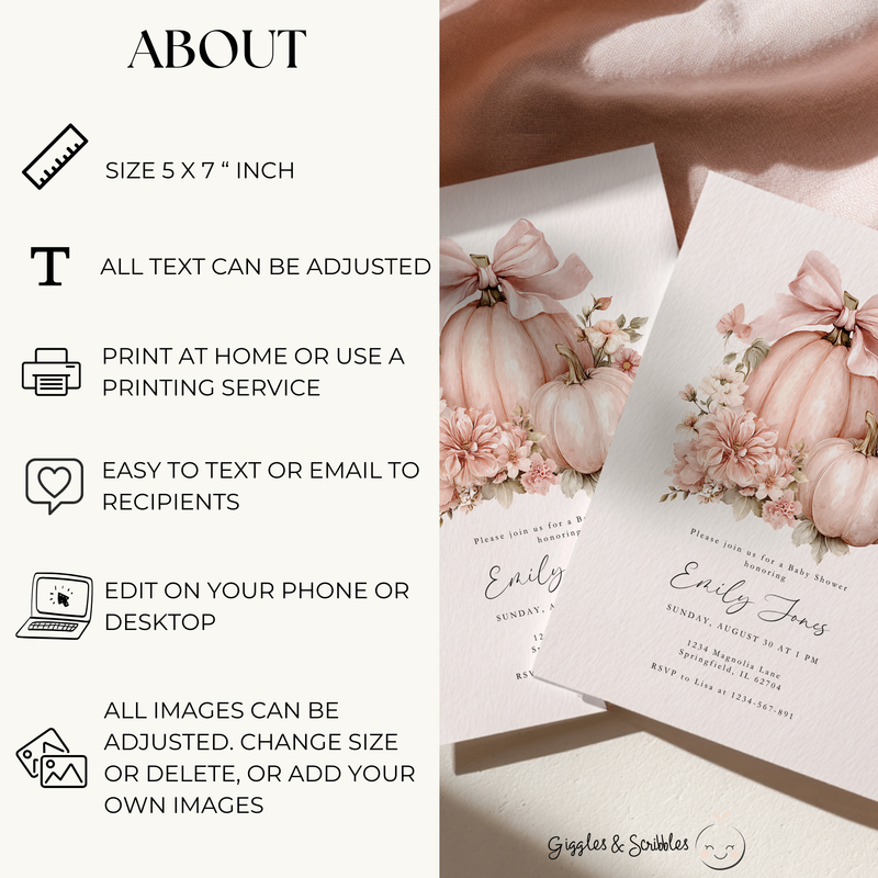 Baby Shower Invitation - Pink Bow Little Pumpkin BS233