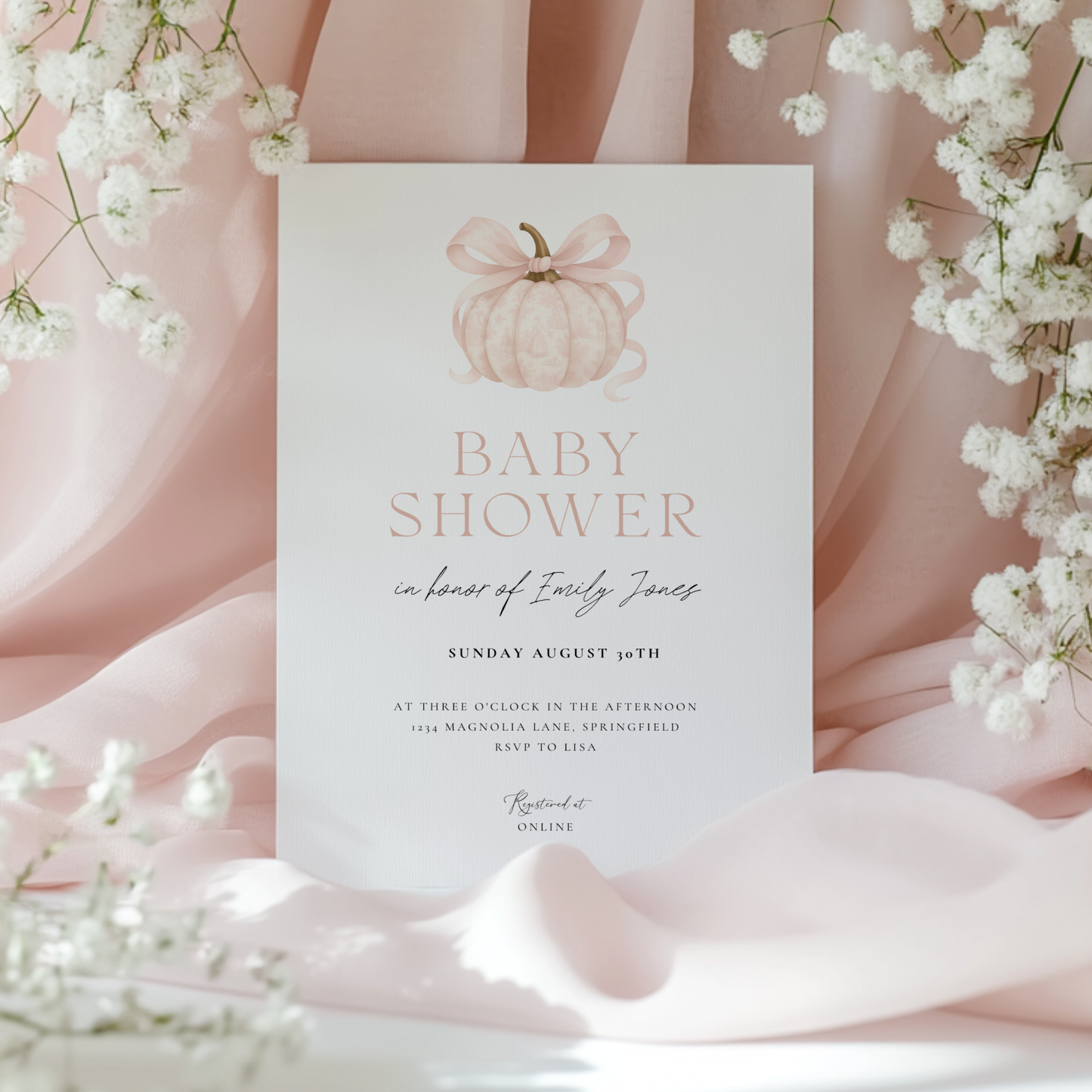 Baby Shower Invitation - Pink Pumpkin Elegant Toile de Jouy with Bow BS189