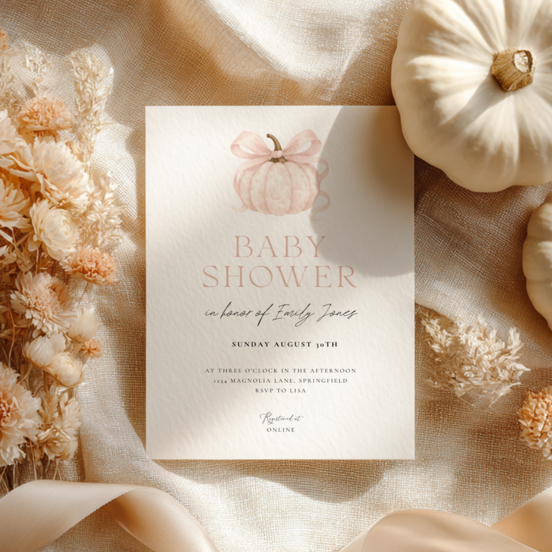 Baby Shower Invitation - Pink Pumpkin Elegant Toile de Jouy with Bow BS189