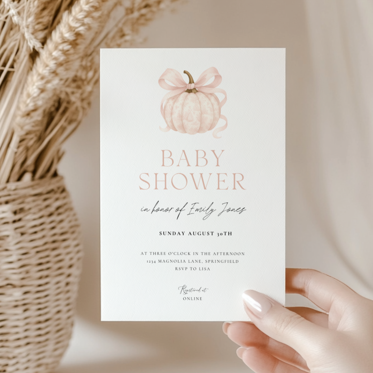 Baby Shower Invitation - Pink Pumpkin Elegant Toile de Jouy with Bow BS189