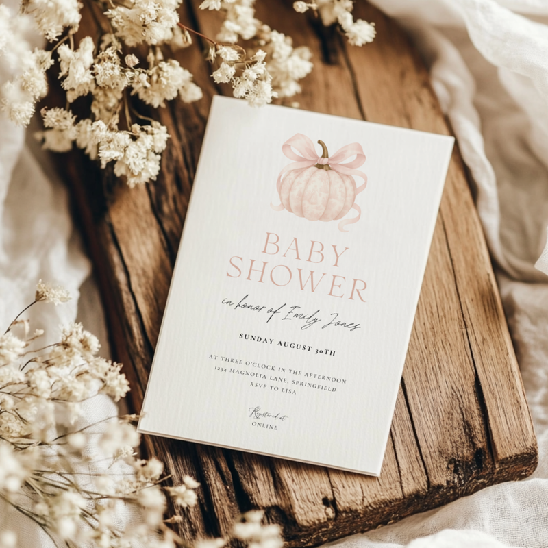 Baby Shower Invitation - Pink Pumpkin Elegant Toile de Jouy with Bow BS189