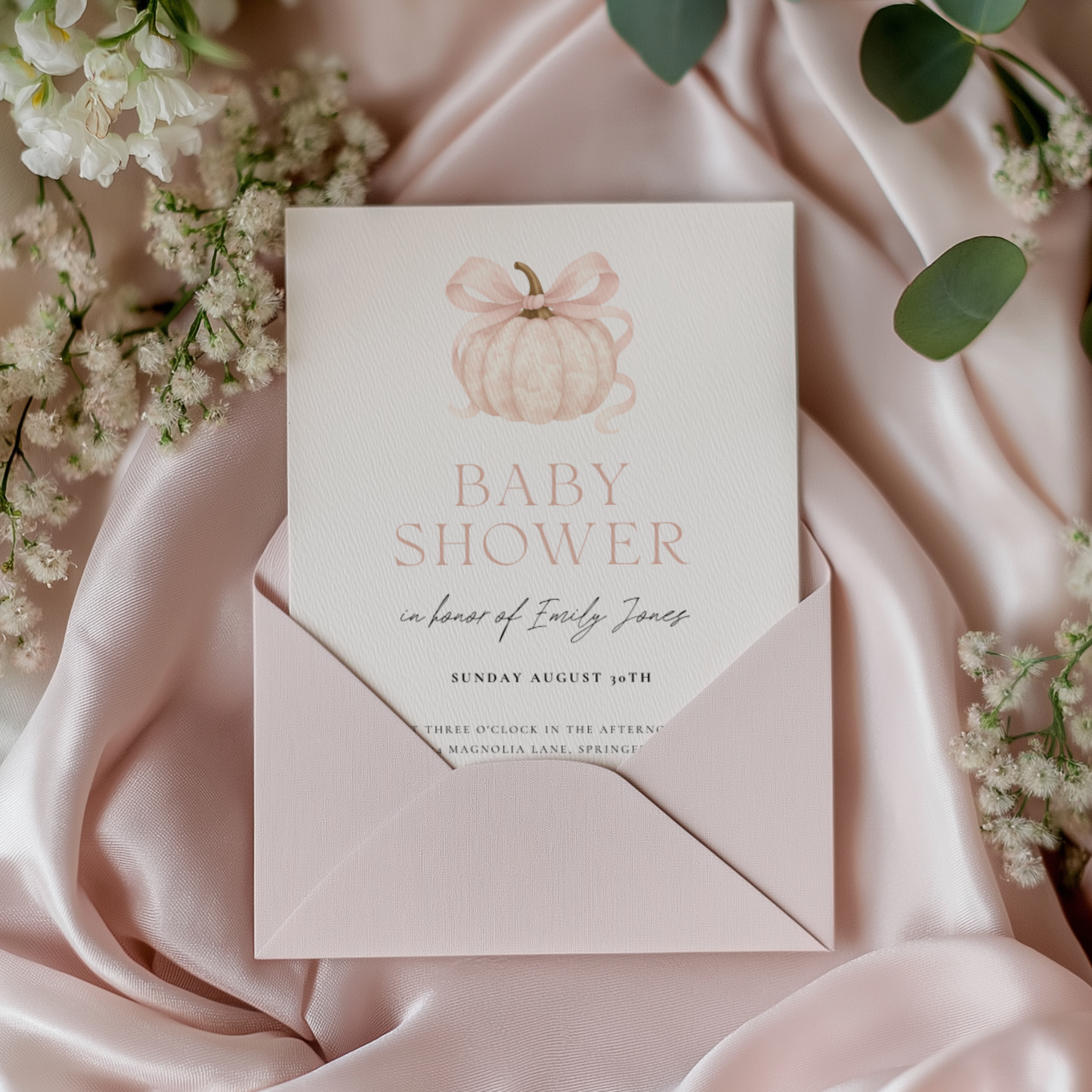 Baby Shower Invitation - Pink Pumpkin Elegant Toile de Jouy with Bow BS189