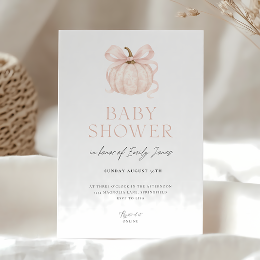 Baby Shower Invitation - Pink Pumpkin Elegant Toile de Jouy with Bow BS189
