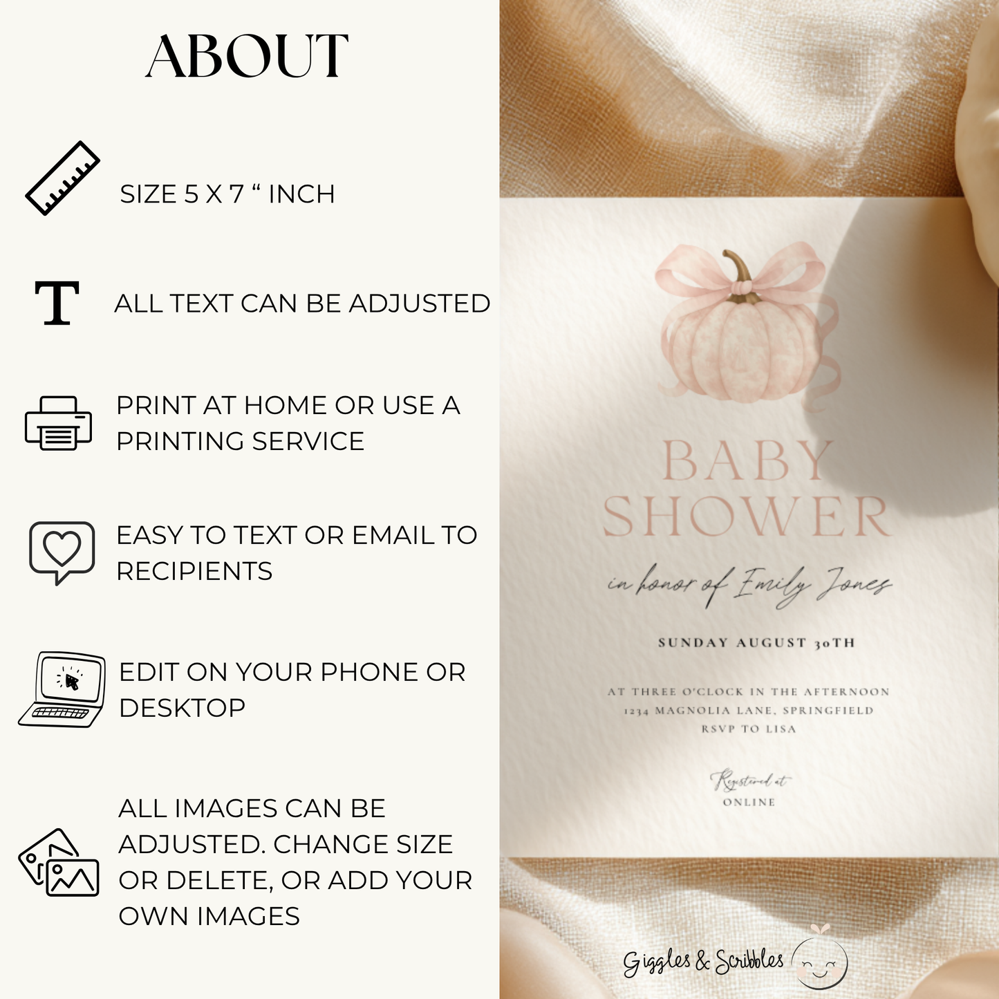 Baby Shower Invitation - Pink Pumpkin Elegant Toile de Jouy with Bow BS189