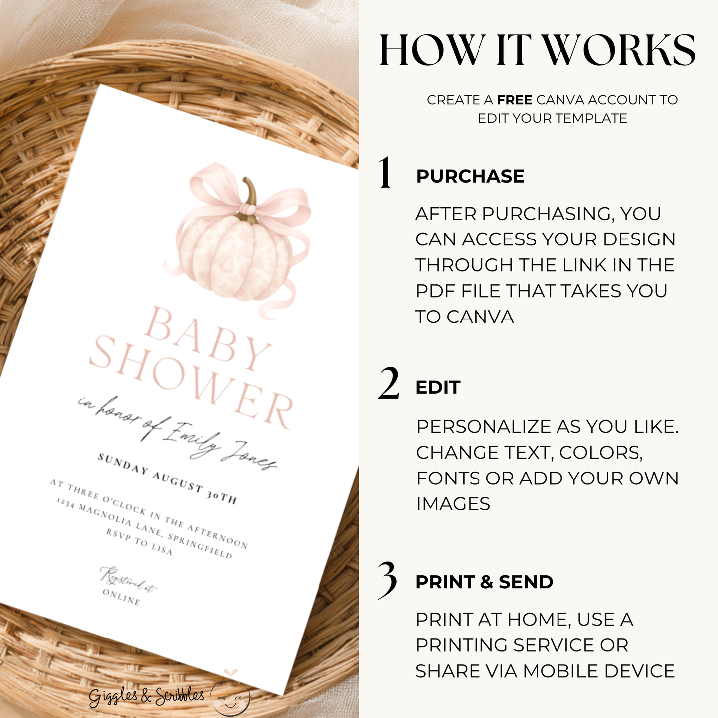 Baby Shower Invitation - Pink Pumpkin Elegant Toile de Jouy with Bow BS189