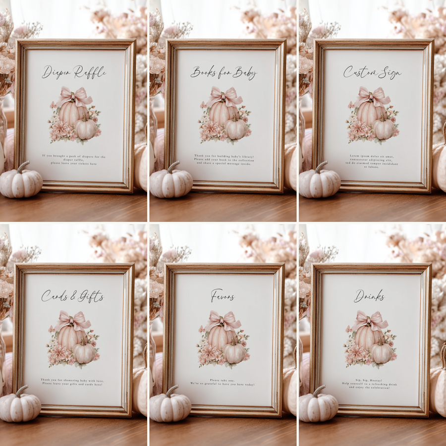 Baby Shower Table Sign Bundle - Pink Pumpkin Floral Coquette Bow BS233