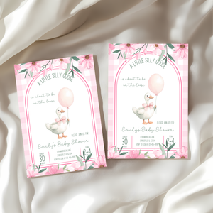 Baby Shower Invitation - Pink A Little Silly Goose Gingham with Flowers BS89