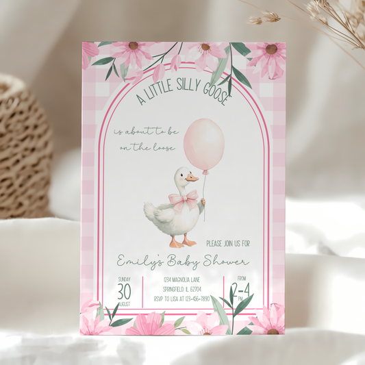 Baby Shower Invitation - Pink A Little Silly Goose Gingham with Flowers BS89