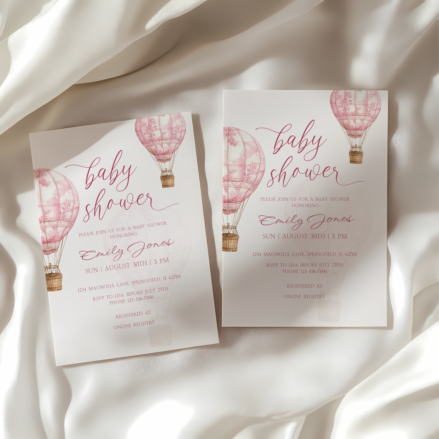 Baby Shower Invitation - Pink Toile de Jouy Hot Air Balloon Elegant BS120