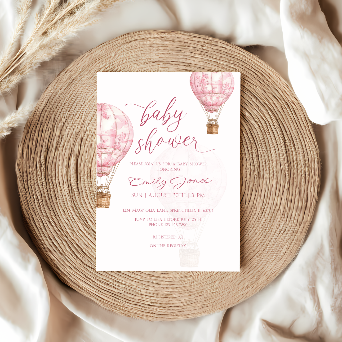 Baby Shower Invitation - Pink Toile de Jouy Hot Air Balloon Elegant BS120