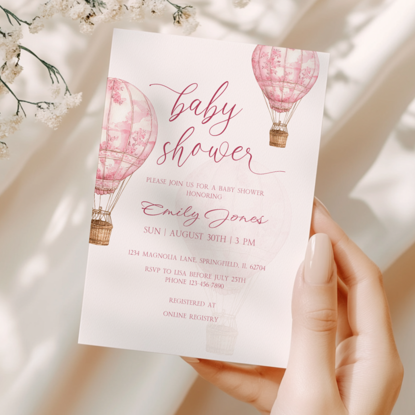 Baby Shower Invitation - Pink Toile de Jouy Hot Air Balloon Elegant BS120