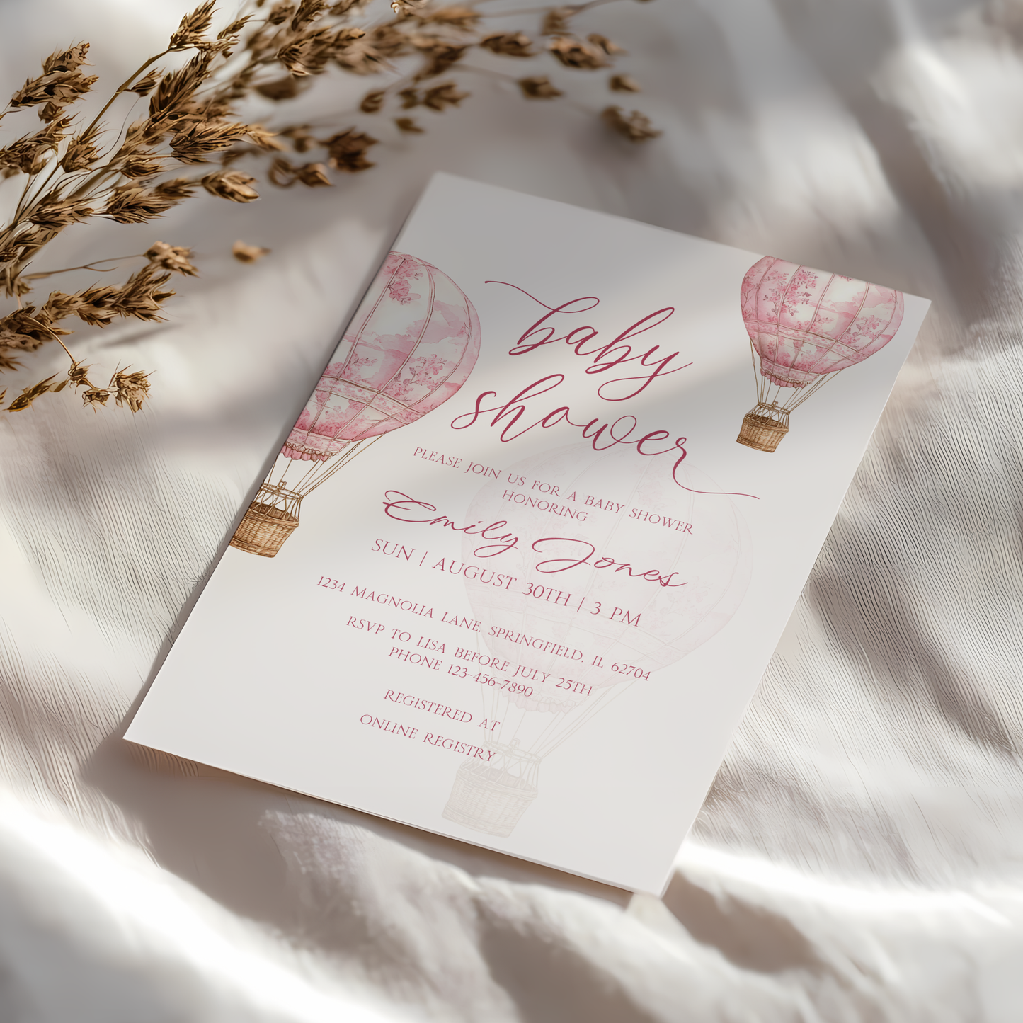 Baby Shower Invitation - Pink Toile de Jouy Hot Air Balloon Elegant BS120