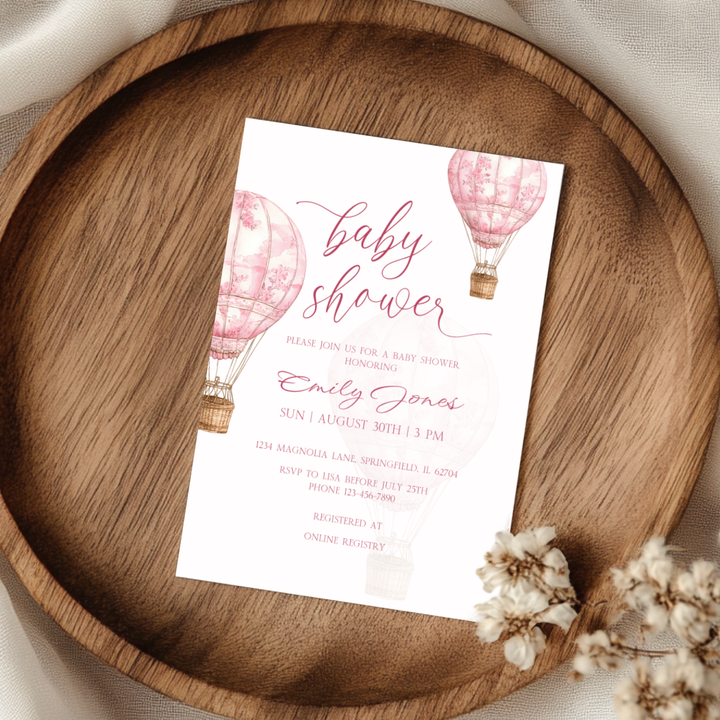 Baby Shower Invitation - Pink Toile de Jouy Hot Air Balloon Elegant BS120