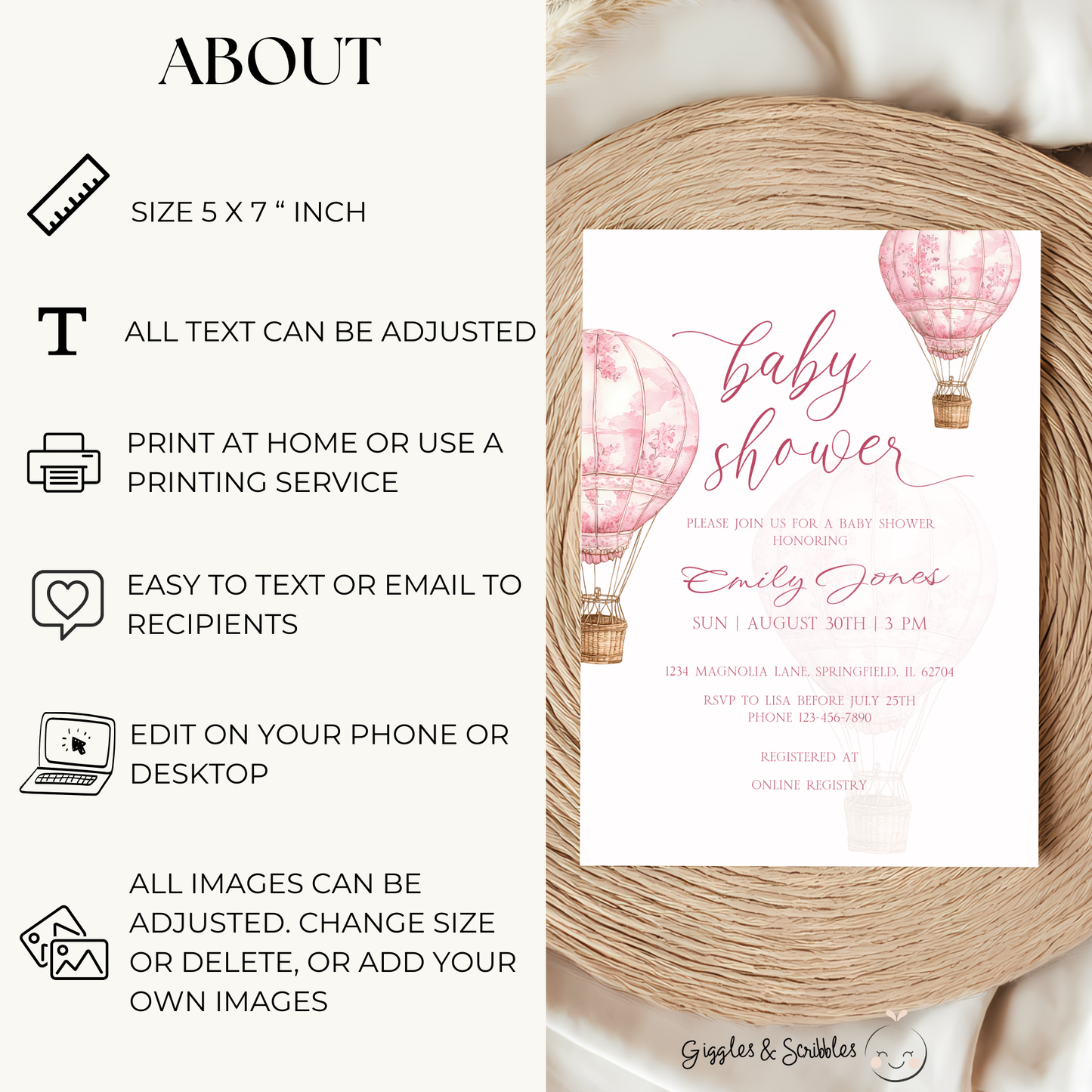 Baby Shower Invitation - Pink Toile de Jouy Hot Air Balloon Elegant BS120