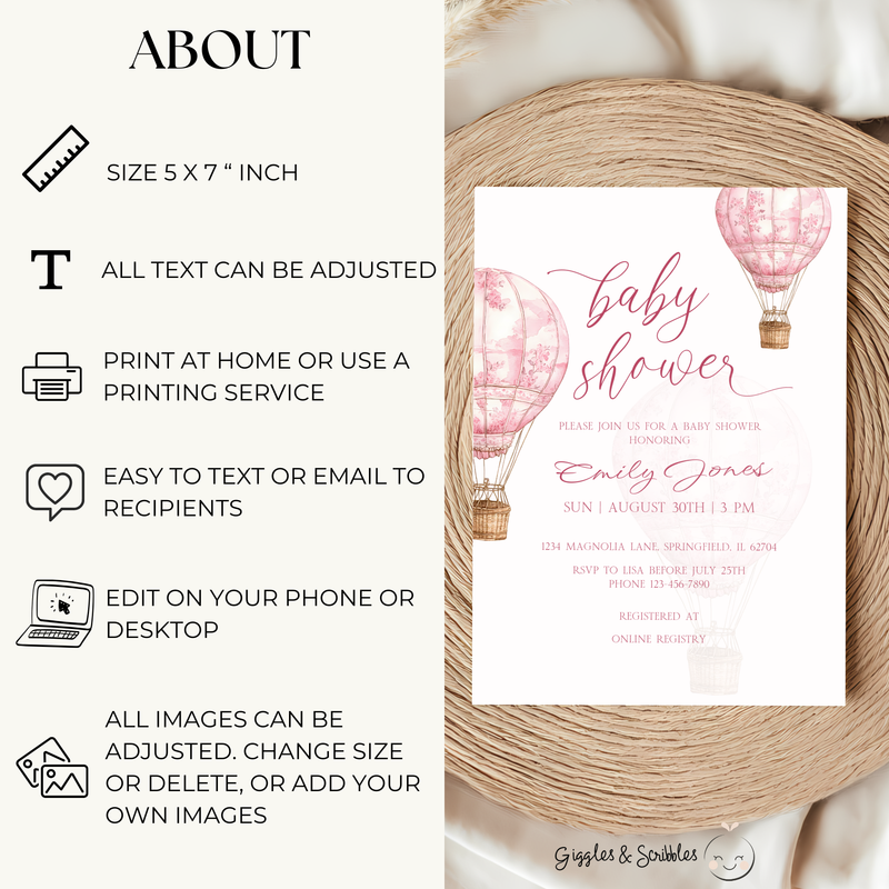 Baby Shower Invitation - Pink Toile de Jouy Hot Air Balloon Elegant BS120