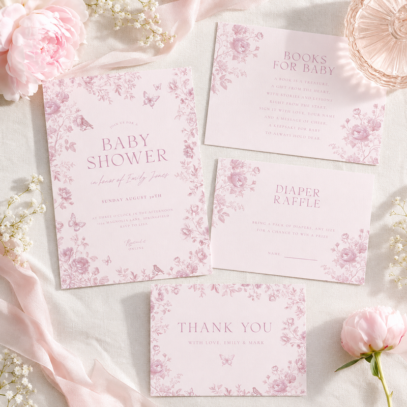 Pink Toile Baby Shower Invitation Set BS187