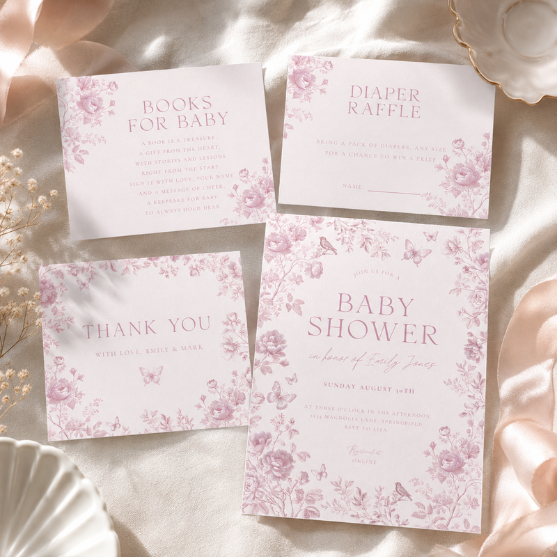 Pink Toile Baby Shower Invitation Set BS187