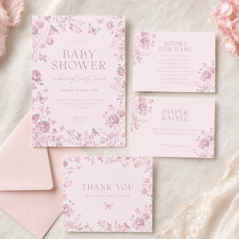 Pink Toile Baby Shower Invitation Set BS187
