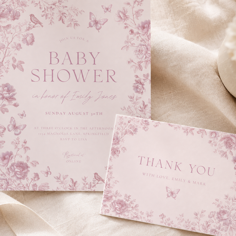 Pink Toile Baby Shower Invitation Set BS187