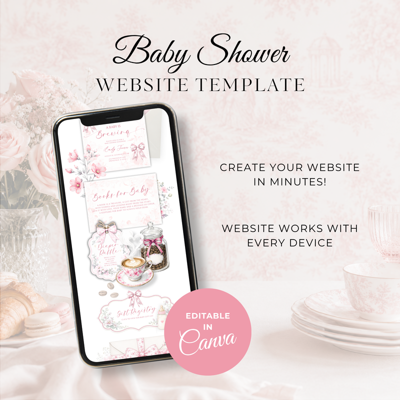 Pink Toile Baby Is Brewing Baby Shower Website Template with RSVP BS62