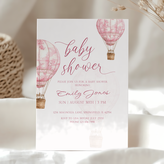 Baby Shower Invitation - Pink Toile de Jouy Hot Air Balloon Elegant BS120