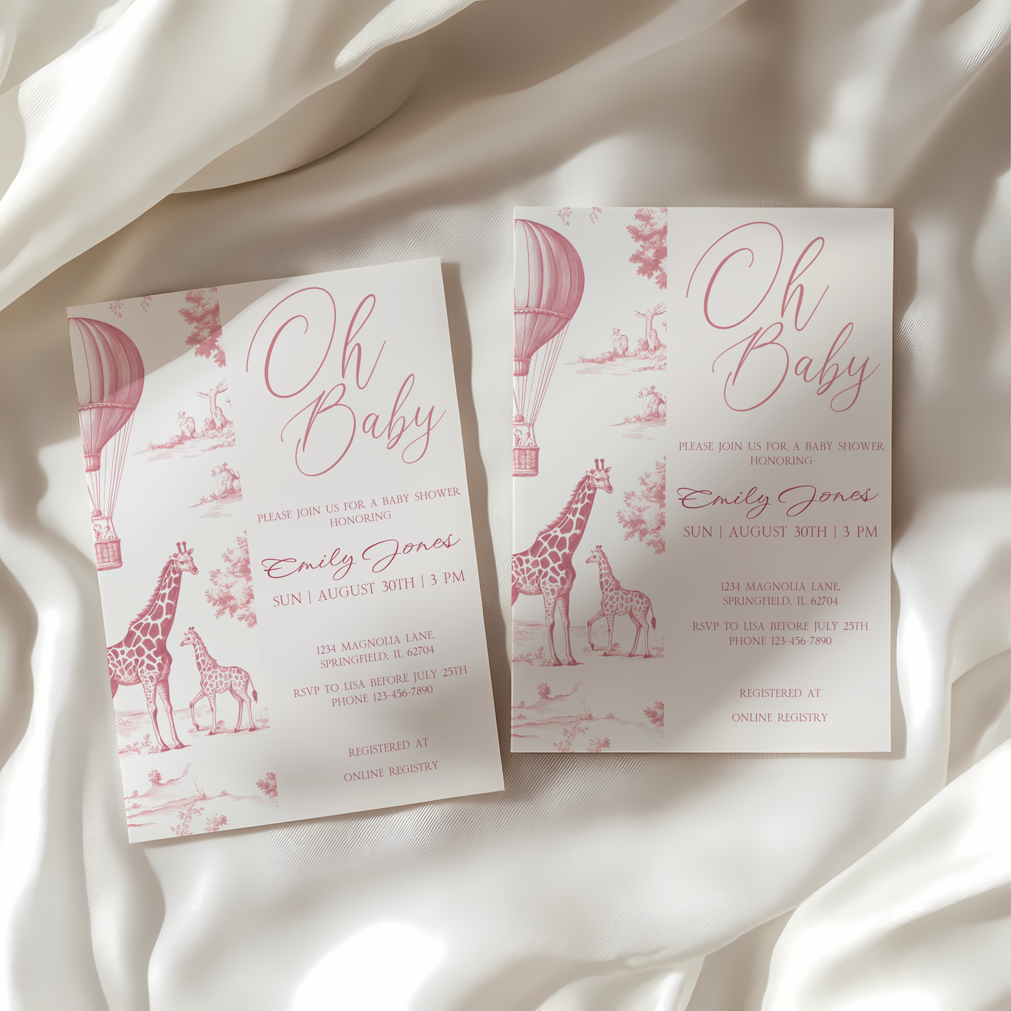 Baby Shower Invitation - Pink Toile de Jouy Safari Elegant Hot Air Balloon BS121