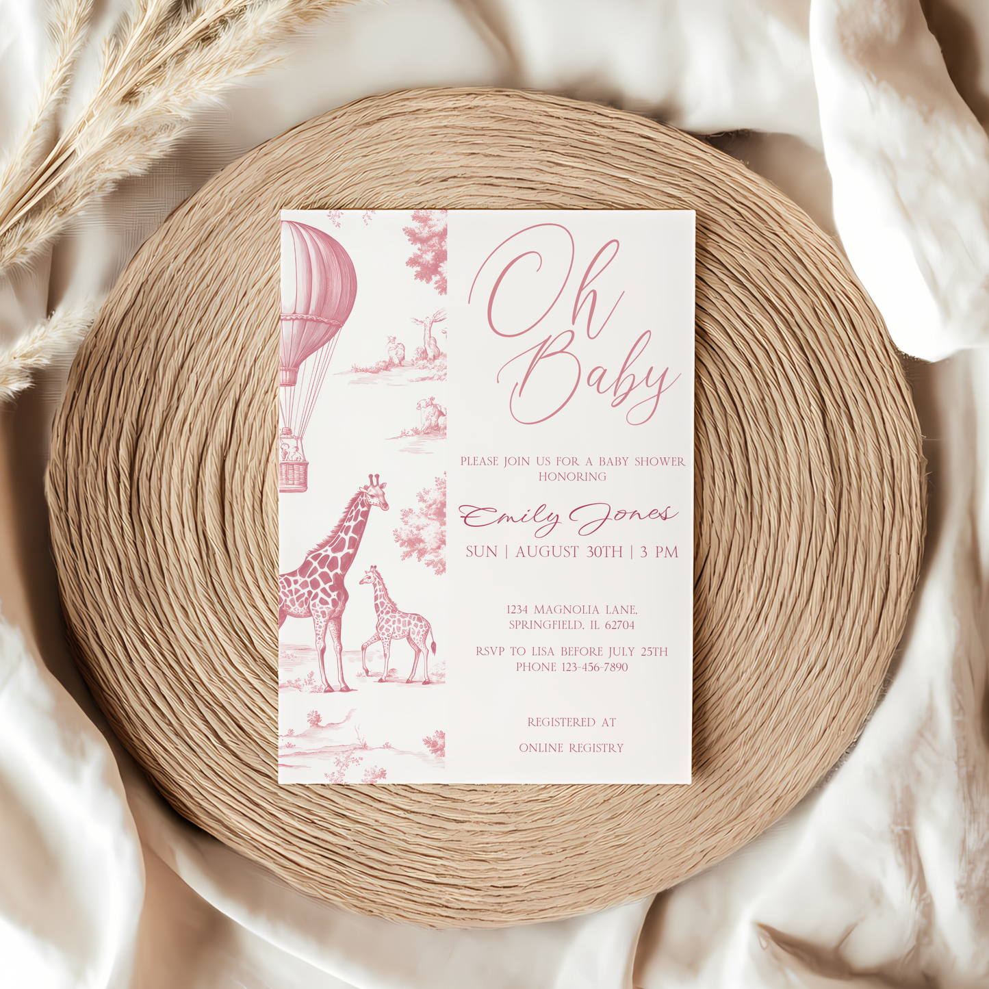 Baby Shower Invitation - Pink Toile de Jouy Safari Elegant Hot Air Balloon BS121