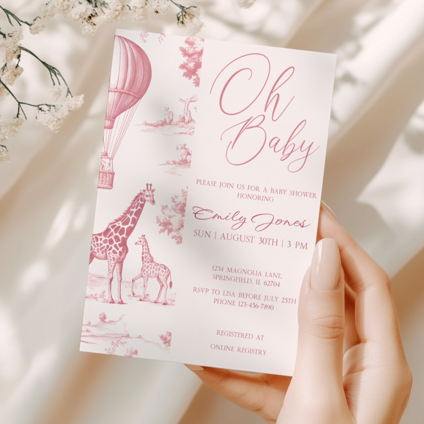 Baby Shower Invitation - Pink Toile de Jouy Safari Elegant Hot Air Balloon BS121