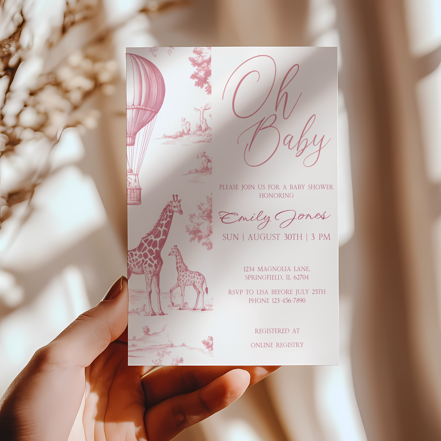 Baby Shower Invitation - Pink Toile de Jouy Safari Elegant Hot Air Balloon BS121