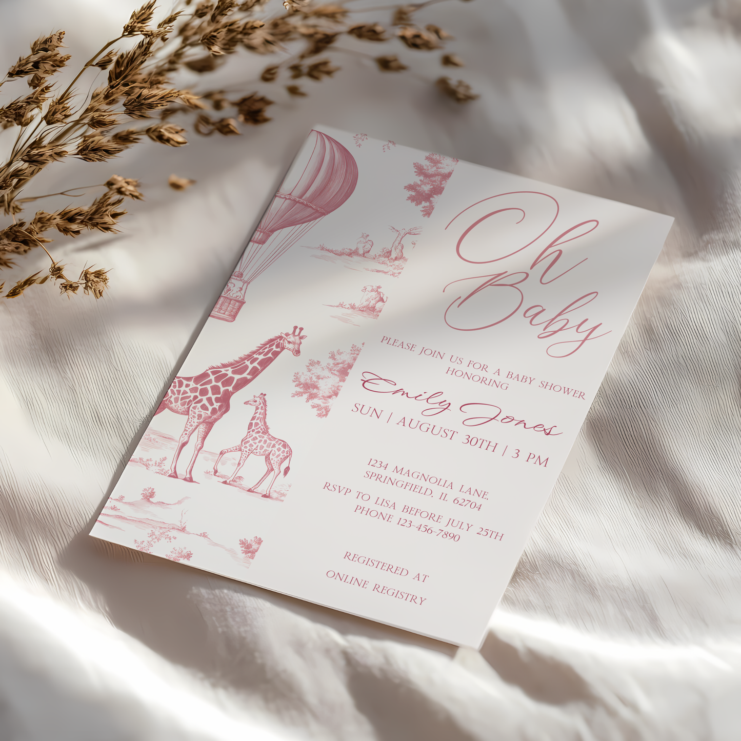 Baby Shower Invitation - Pink Toile de Jouy Safari Elegant Hot Air Balloon BS121