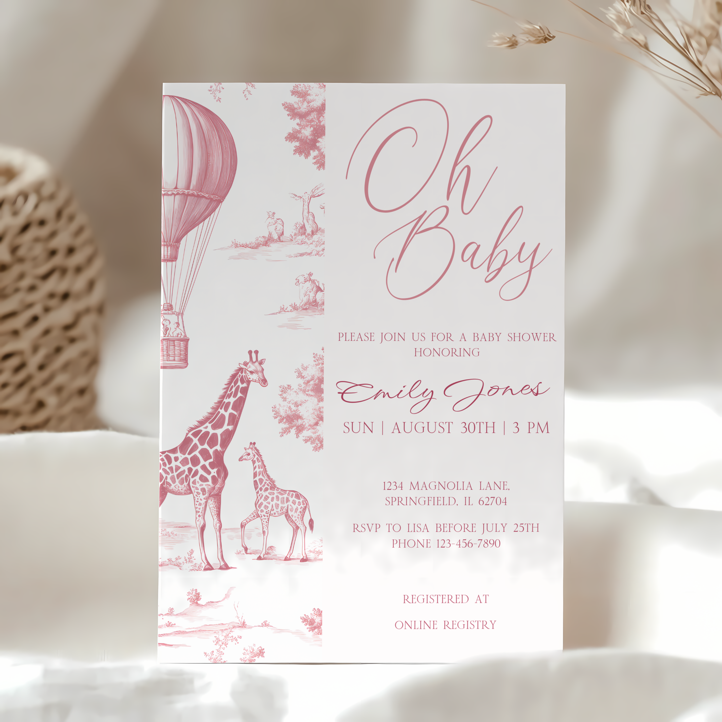 Baby Shower Invitation - Pink Toile de Jouy Safari Elegant Hot Air Balloon BS121