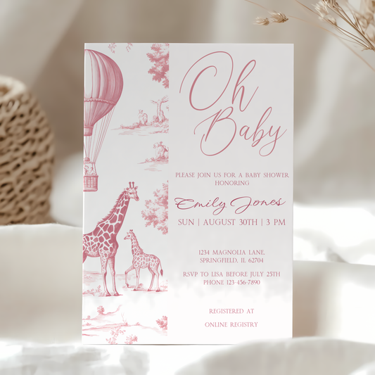 Baby Shower Invitation - Pink Toile de Jouy Safari Elegant Hot Air Balloon BS121