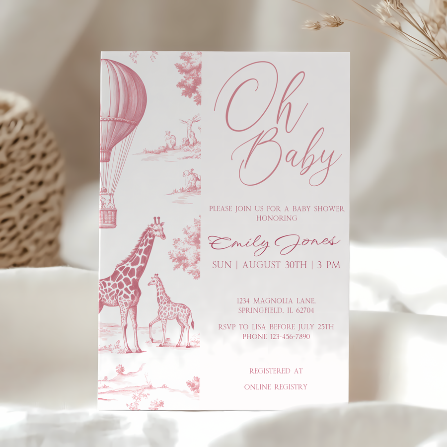 Baby Shower Invitation - Pink Toile de Jouy Safari Elegant Hot Air Balloon BS121