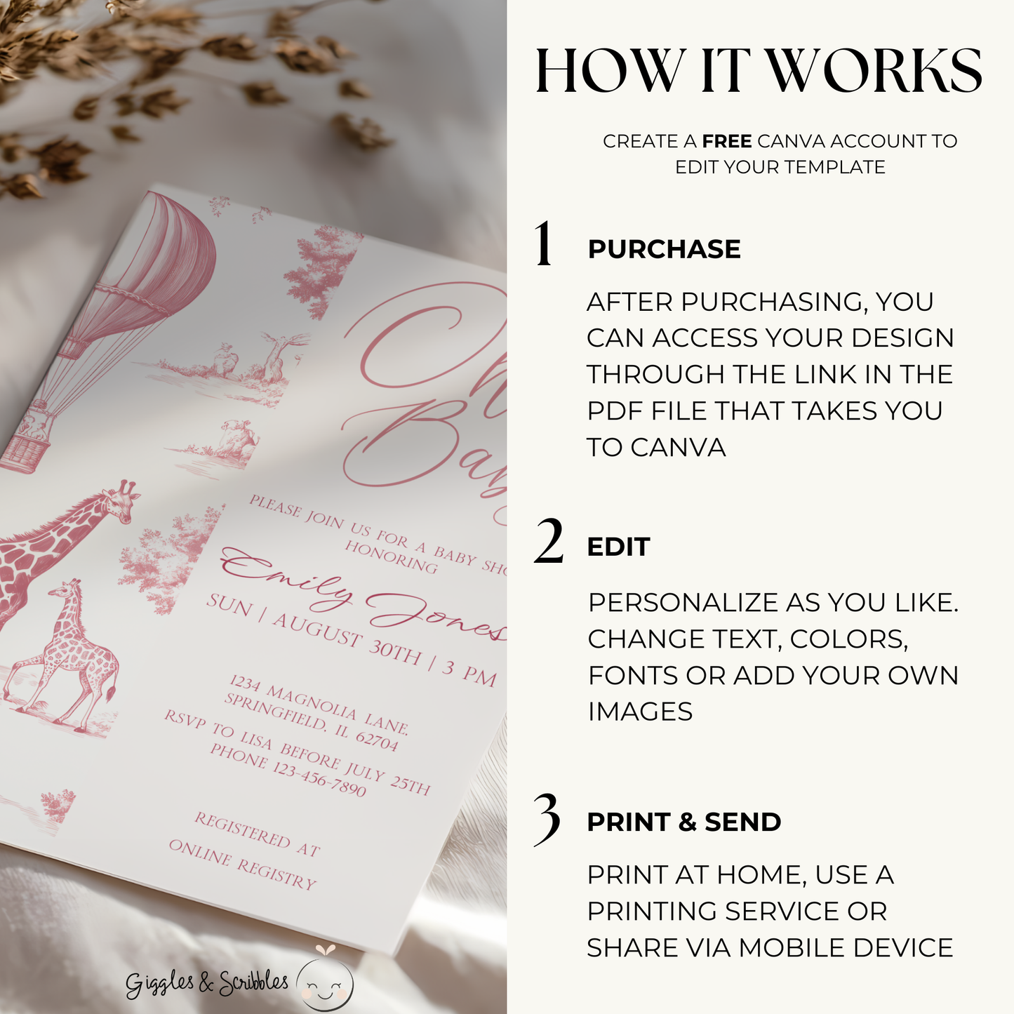 Baby Shower Invitation - Pink Toile de Jouy Safari Elegant Hot Air Balloon BS121