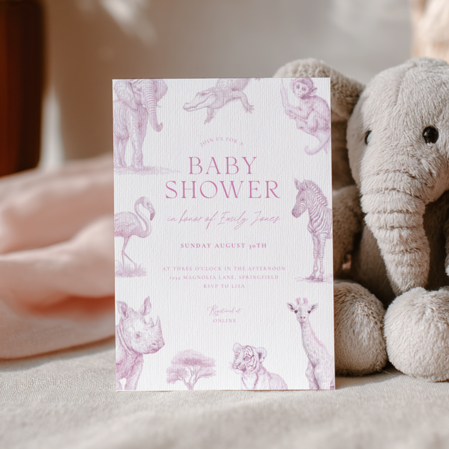 Baby Shower Invitation - Pink Safari Toile de Jouy with Animals Zebra Rhino Giraffe Elephant BS186