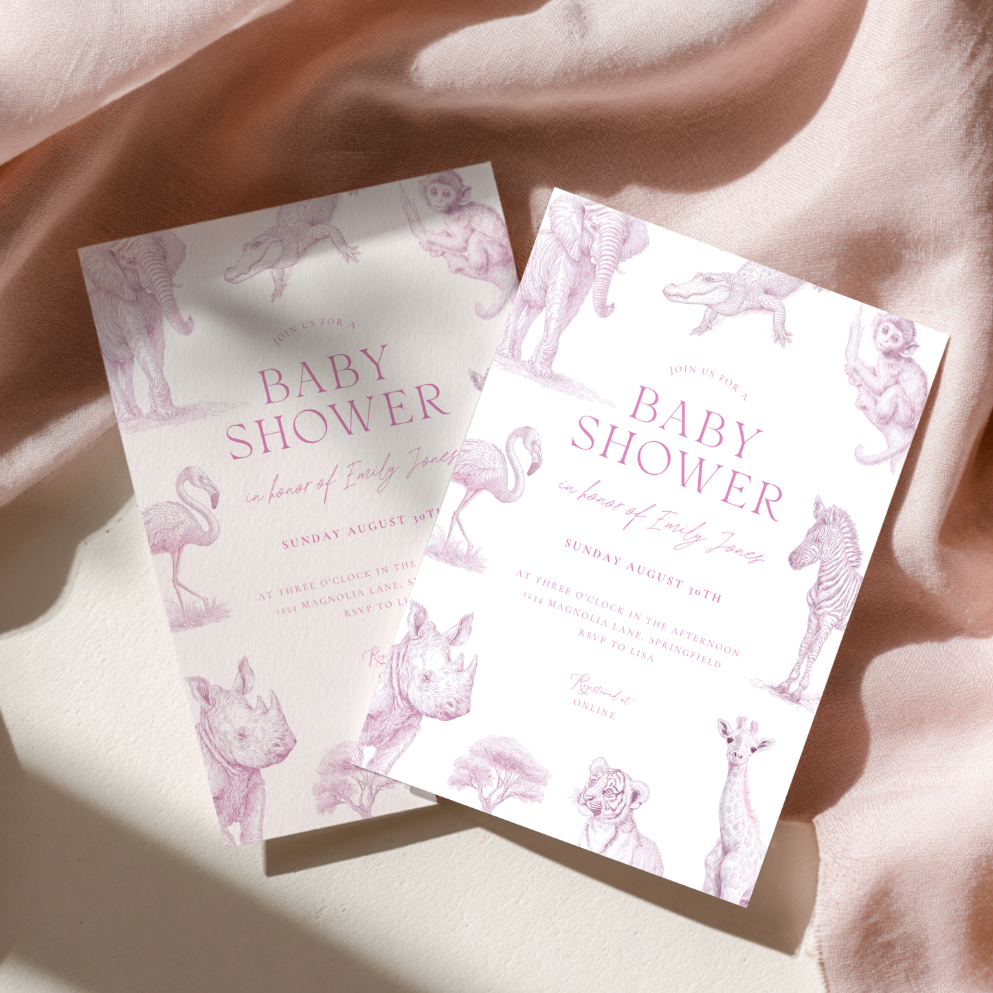 Baby Shower Invitation - Pink Safari Toile de Jouy with Animals Zebra Rhino Giraffe Elephant BS186