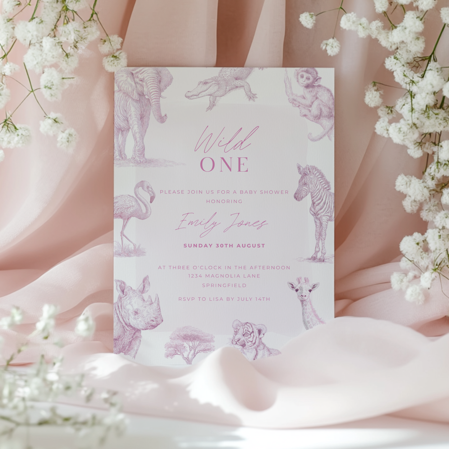 Baby Shower Invitation - Pink Safari Toile de Jouy with Animals Zebra Rhino Giraffe Elephant BS186